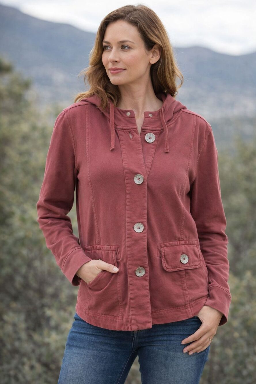 Prana Organic Cotton Hooded Jacket Dusty Rose Utility Button Front Casual Large